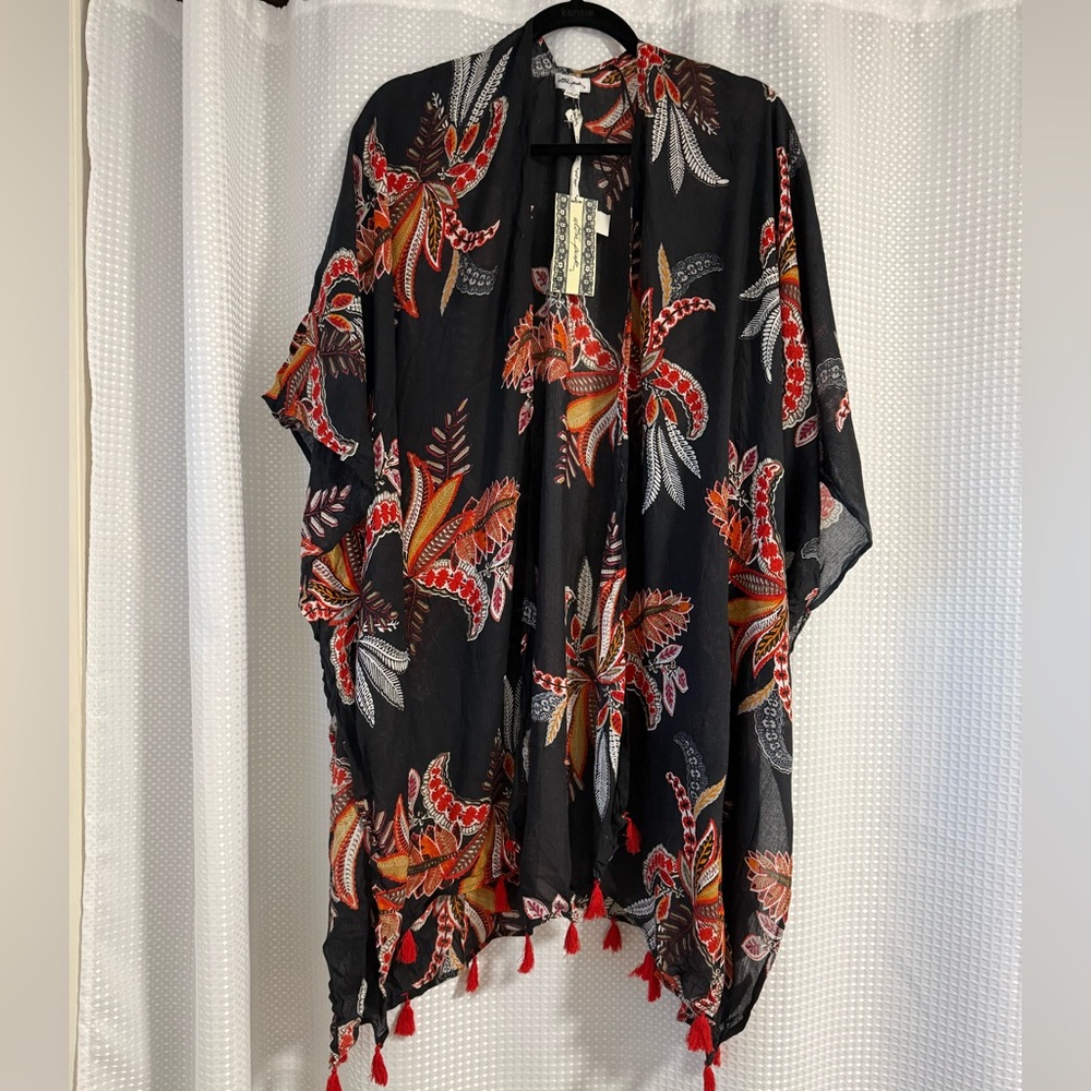 Ultra Pink Black Kimono with Red & Orange Floral Print